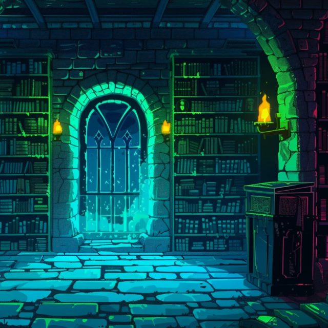Porte d'arche gothique éclairée de vert au fond d'une bibliothèque voûtée, salle L'Elixir Perdu, Smart Escape Game