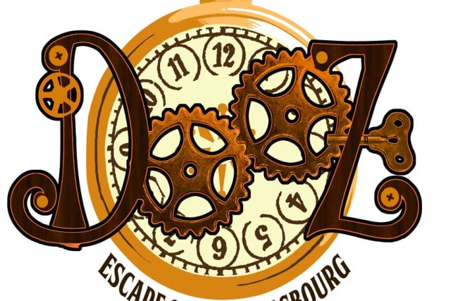 Logo de Dooz, escape game à Strasbourg, avec engrenages et montre steampunk