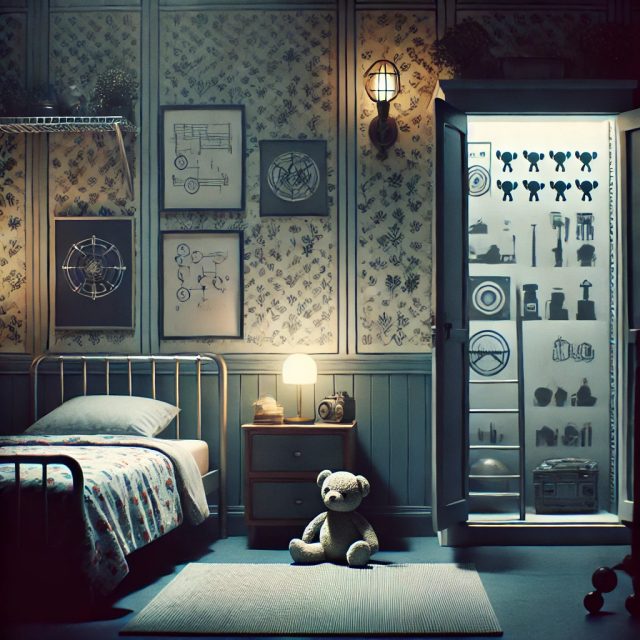 Chambre d'enfant avec lit de fer, ours en peluche et vitrine d'objets, salle Black Out chez Hop Scape à Saint-Valery-sur-Somme