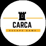 Logo de CARCA Escape, escape game à Carcassonne, tour médiévale noire et barre orange