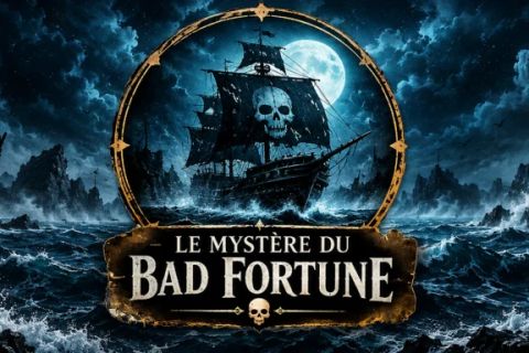 Navire fantôme sous lune pleine, crâne et tempête dans le Mystère du Bad Fortune