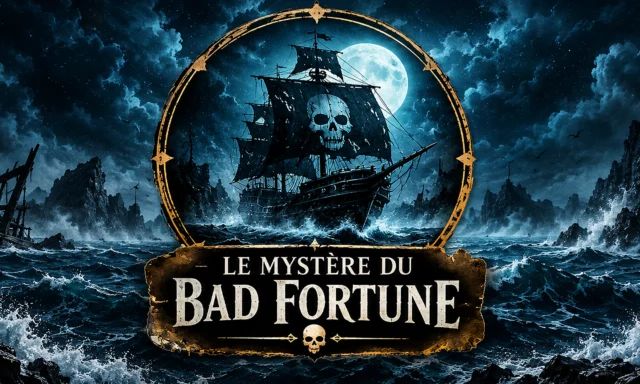 Navire fantôme sous lune pleine, crâne et tempête dans le Mystère du Bad Fortune