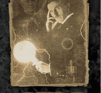 Deux silhouettes en sépia avec effets électriques et globe luminescent dans l'Atelier Tesla