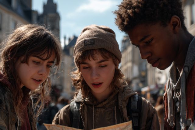Trois adolescents penchés sur une carte dans une rue ancienne, jeu À la recherche du trésor d'Oswald