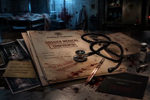 Dossier médical confidentiel taché de sang, stéthoscope et radiographies, salle Clinique Temporis chez Escape Time à Saint-Cyr-sur-Loire