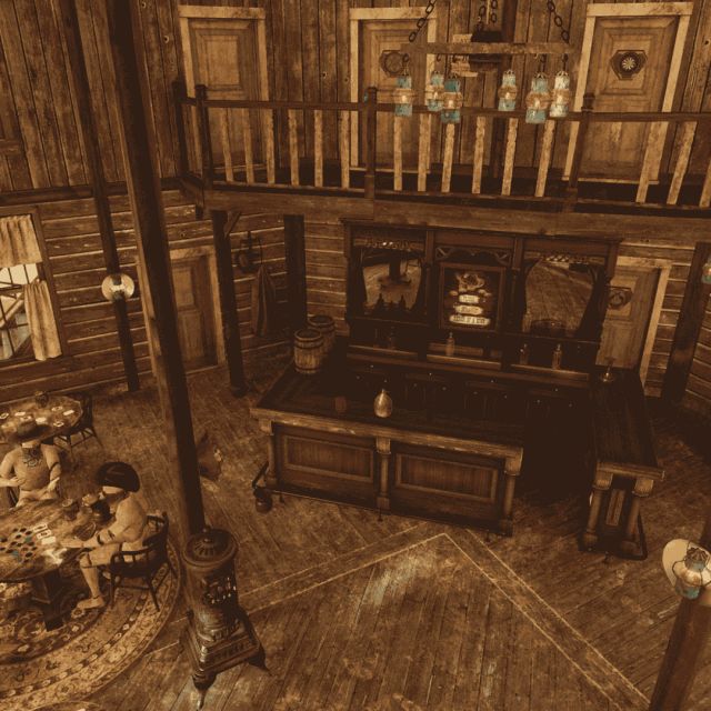 Intérieur d'une boutique ancienne en bois à deux niveaux, vue plongeante, salle Escape The Worlds chez Inoui VR