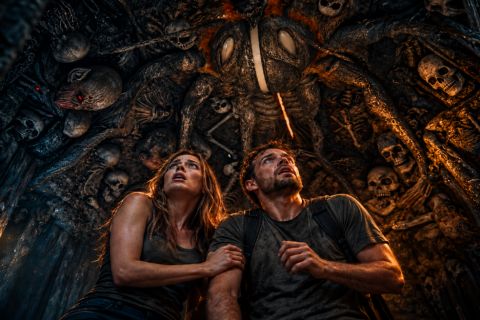 Deux joueurs contemplent des masques et crânes sculptés dans un décor gothique sombre chez Evade Lausanne