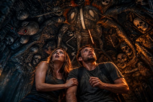 Deux joueurs contemplent des masques et crânes sculptés dans un décor gothique sombre chez Evade Lausanne