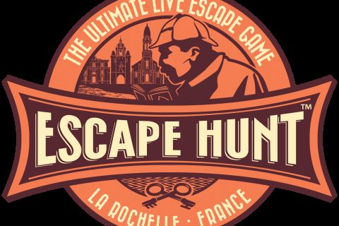 Logo Escape Hunt La Rochelle : bandeau rouge et crème avec un détective à pipe, visuel partagé par les salles du Temple