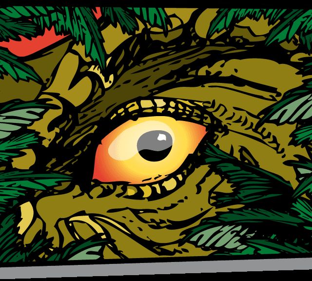 Gros plan sur l'oeil jaune et rouge d'une créature préhistorique, décor jungle Jurassik Room