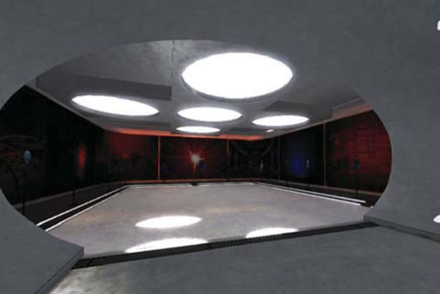 Grande salle grise ovale aux plafonniers ronds blancs, salle Revanche à Roswell chez E-Scape Project à Dieppe