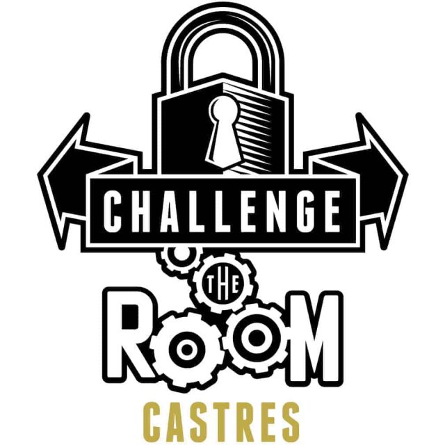 Logo de Challenge The Room, escape game à Castres avec serrure, engrenages et flèches