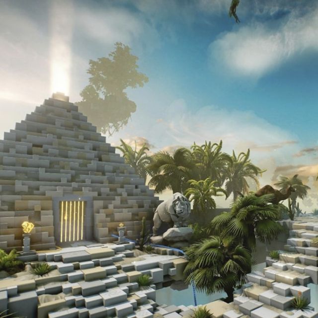 Pyramide de pierre claire entourée de palmiers et de statues de lions, salle Jungle Quest chez Inoui VR