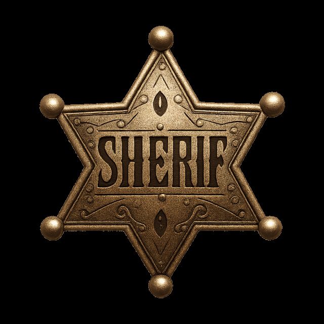 Étoile de shérif en métal bronze portant le mot Shérif, salle Wanted chez Victory Escape Game à Maurepas