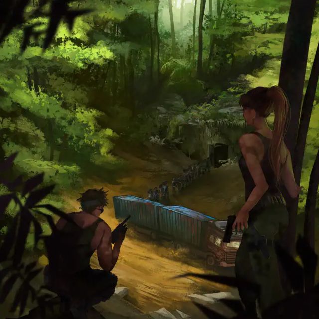 Dessin de deux éclaireurs observant un campement de conteneurs dans la jungle, Amazonia