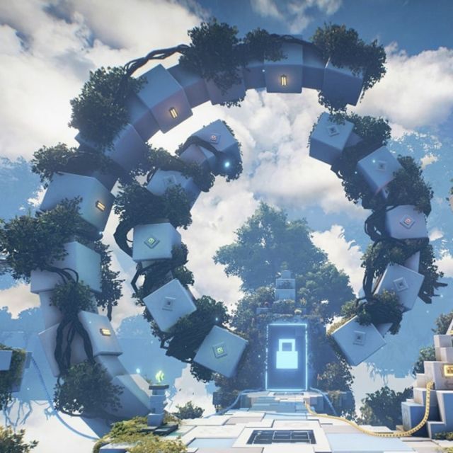 Anneau de blocs flottants dans le ciel au-dessus d'une jungle, décor virtuel de la salle Jungle Quest chez Inoui VR