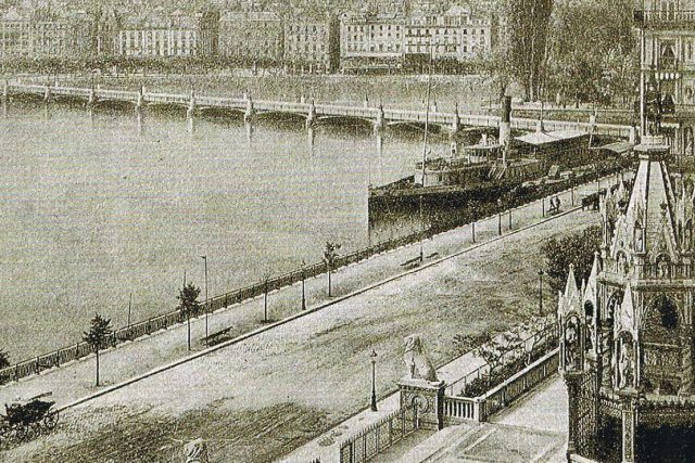 Gravure historique d'un quai portuaire avec navire et bâtiments anciens