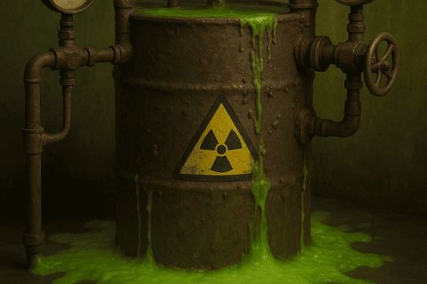 Cuve à tuyaux marquée d'un sigle radioactif et coulée de liquide vert, salle Alerte sous le fort chez Bureau 401