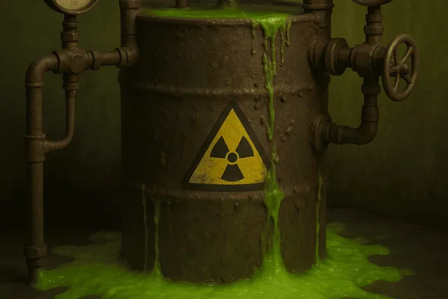 Cuve à tuyaux marquée d'un sigle radioactif et coulée de liquide vert, salle Alerte sous le fort chez Bureau 401