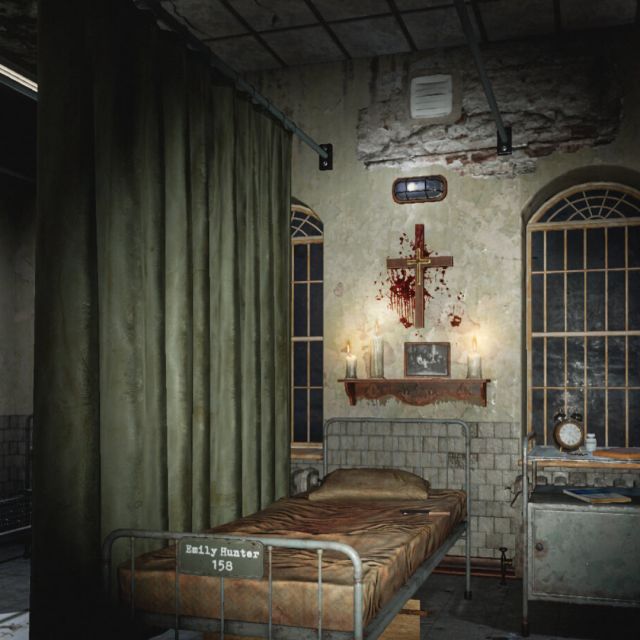 Chambre d'hôpital délabrée avec rideau vert, lit en métal et fenêtre à barreaux, salle House of Fear Call of Blood chez Inoui VR