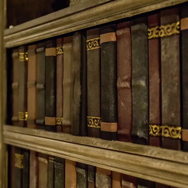 Rayonnages remplis de vieux livres reliés, salle Le donjon de l'alchimiste chez Escape Time à Saint-Herblain