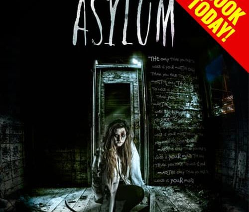 Jeune femme assise à terre devant une cabine, titre Asylum et bandeau Book today, salle Asylum, America's Escape Game