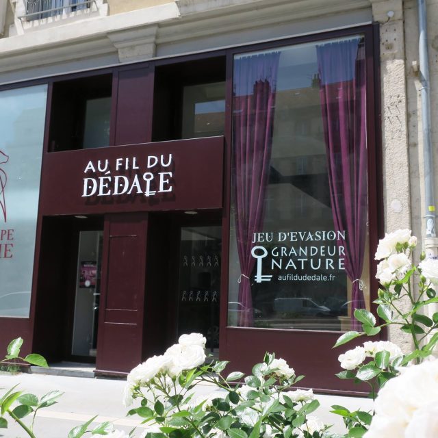 Devanture bordeaux avec fleurs blanches, enseigne Au fil du dédale à Grenoble