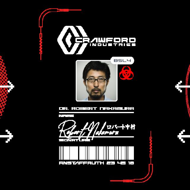 Portrait d'un homme à lunettes et sigle de risque biologique, Mission Tokyo Lab