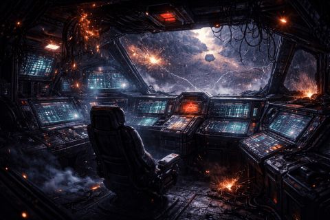 Cockpit de vaisseau spatial aux écrans bleutés et aux étincelles, salle Space Prisoners chez Closed Escape Game à Aix-en-Provence