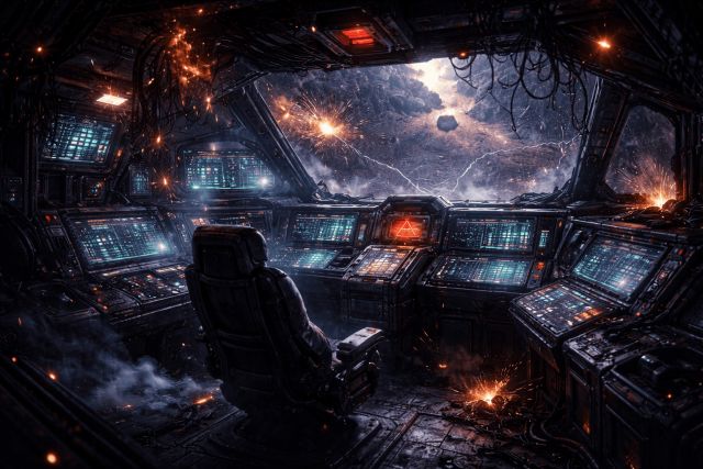 Cockpit de vaisseau spatial aux écrans bleutés et aux étincelles, salle Space Prisoners chez Closed Escape Game à Aix-en-Provence
