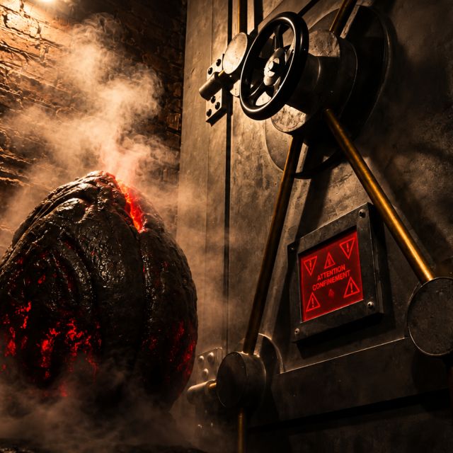 Décor industriel avec sphère incandescente et projecteur, vapeur et briques rouges chez Pandore & Associés à Paris