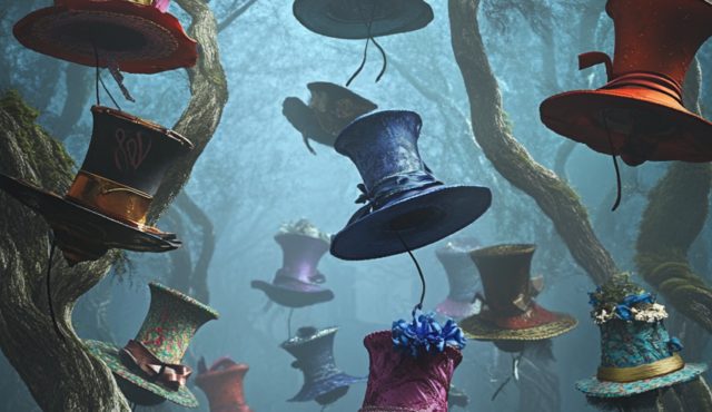 Chapeaux haut-de-forme suspendus dans une forêt onirique bleue, Le reflet d'Alice à Grenoble