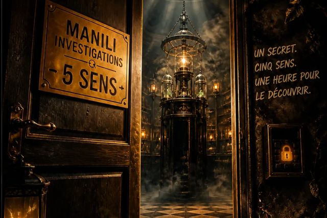 Affiche sombre aux cinq icônes de sens au-dessus d'une porte éclairée, salle Mission 5 SENS chez Manili Escape Game