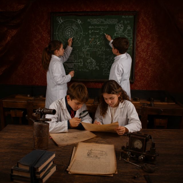 Quatre joueurs en blouse blanche autour d'un bureau avec schémas et instruments scientifiques, tableau électrique en arrière-plan