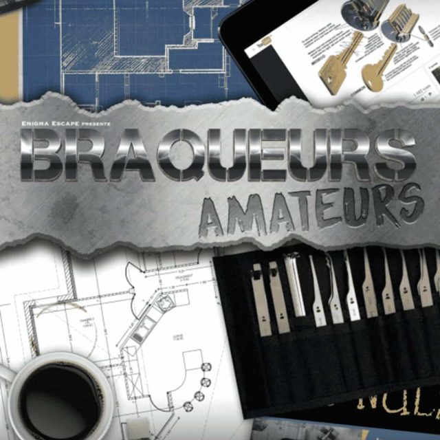 Schémas, plans et instruments de musique sur fond gris pour Braqueurs amateurs chez Enigma Escape
