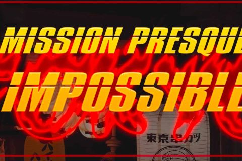 Titre Mission presque impossible en lettres jaunes et flammes rouges sur bandeau, salle chez Smart Escape Game