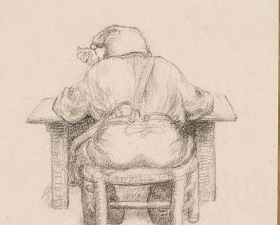 Dessin au crayon montrant un homme corpulent assis de dos sur une chaise, dans la salle La collection cachée de Père LEON