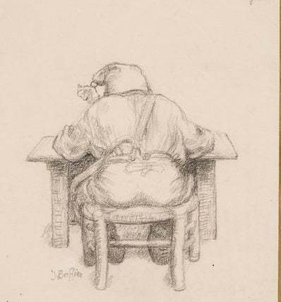 Dessin au crayon montrant un homme corpulent assis de dos sur une chaise, dans la salle La collection cachée de Père LEON