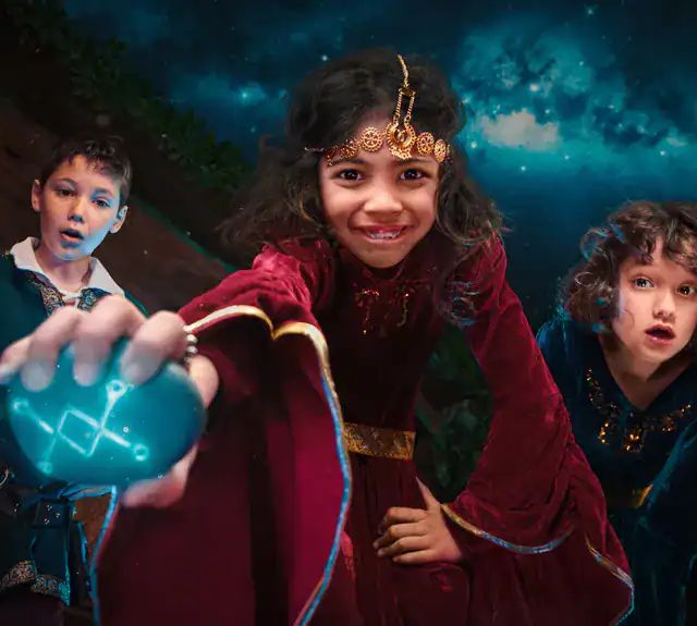 Fillette en robe rouge tendant une pierre lumineuse, entourée de deux enfants, Fairy Tale