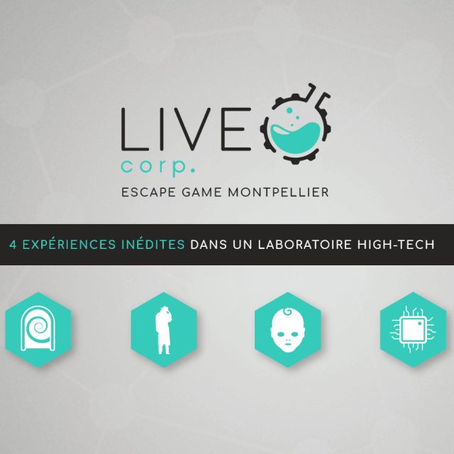Logo de LIVE Corp., escape game à Montpellier, laboratoire high-tech avec quatre expériences