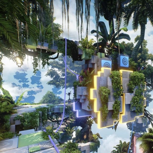 Plateformes de cubes végétalisés et palmiers sous un ciel bleu, décor virtuel de la salle Jungle Quest chez Inoui VR