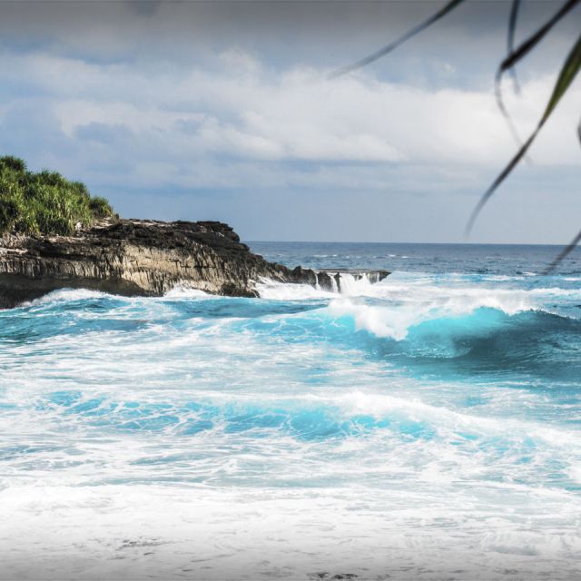 Vague turquoise sur des rochers au bord d'une île, palmes au premier plan, salle Le pirate sanguinaire chez Cryptom06