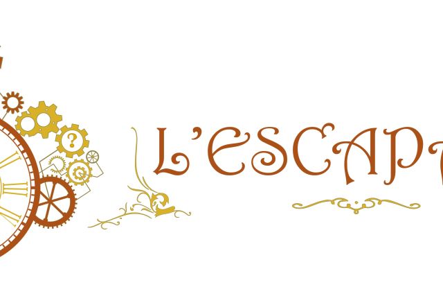 Logo de L Escapade Escape Game, avec engrenages et motifs steampunk en or et rouille