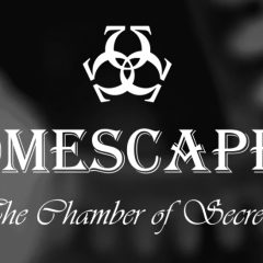 Logo d'Omescape, escape game à Lyon, symbole biohazard blanc sur fond noir