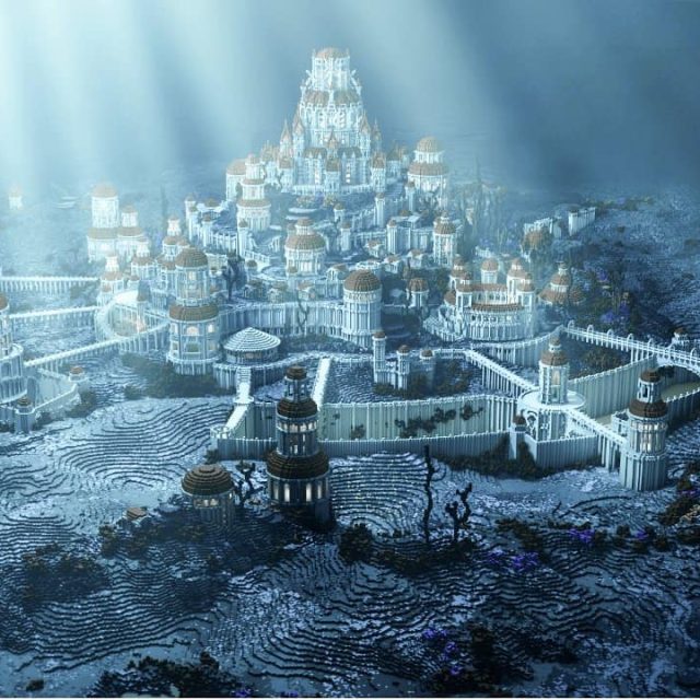 Cité fantastique enneigée avec tours et fortifications sous ciel bleuté glacial