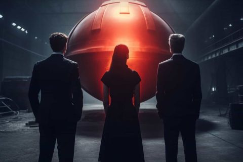 Trois silhouettes en costume face à une sphère rouge, salle MIB à Crolles