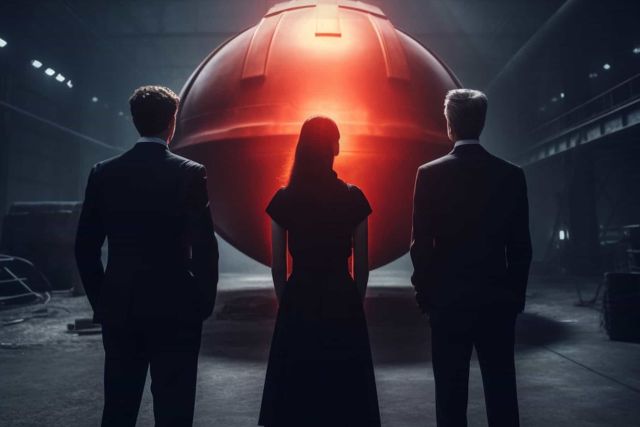 Trois silhouettes en costume face à une sphère rouge, salle MIB à Crolles