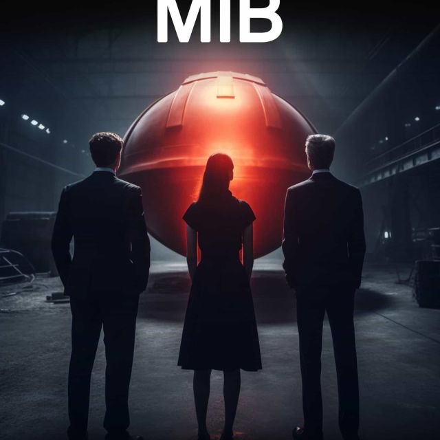 Trois silhouettes en costume face à une sphère rouge, salle MIB à Crolles