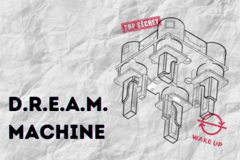 Dessin technique d'une machine sur papier froissé, tampon Top secret, titre D.R.E.A.M. Machine, Wake up à Lyon