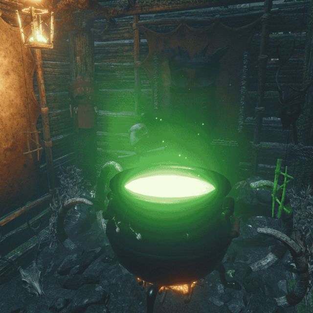 Grand chaudron noir rempli d'un liquide vert fluo dans une cave sombre, salle Escape The Worlds chez Inoui VR